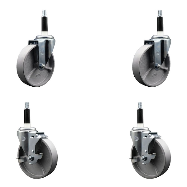 5'' Semi Steel Wheel Swivel 7/8'' Expanding Stem Caster Set 2 Brakes, 4PK